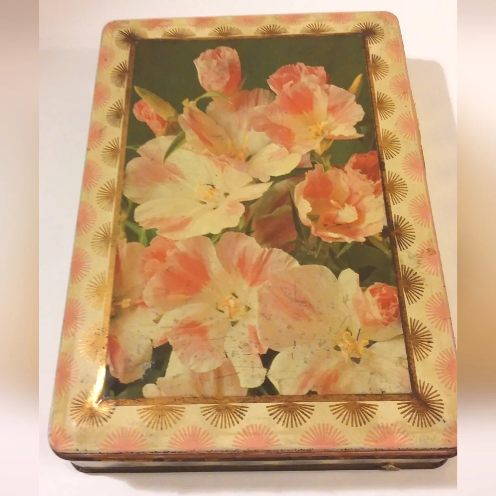 Vintage Floral Tin Box with Pink and Gold Design